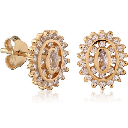 GOLD PLATED 18K STERLING SILVER 925 STUD EARRINGS OVAL HALO MARQUISE CENTER GEM