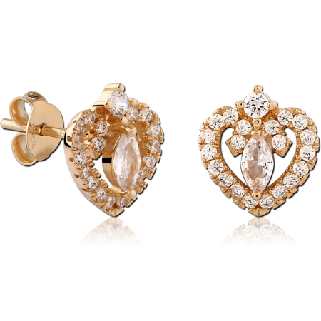 GOLD PLATED 18K STERLING SILVER 925 STUD EARRINGS OPEN HEART MARQUISE GEM HALO