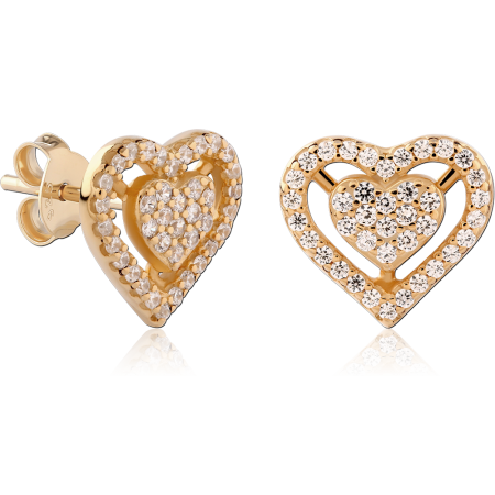 GOLD PLATED 18K STERLING SILVER 925 STUD EARRINGS DOUBLE HEART PAVE GEMS