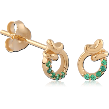 GOLD PLATED 18K STERLING SILVER 925 STUD EARRINGS TWIST HOOP GREEN GEMS