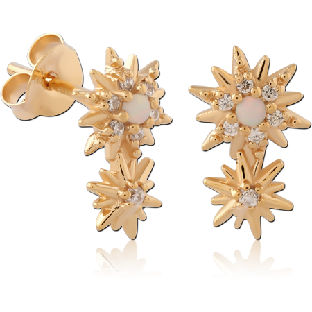 GOLD PLATED 18K STERLING SILVER 925 STUD EARRINGS DOUBLE STARBURST OPAL DANGLE