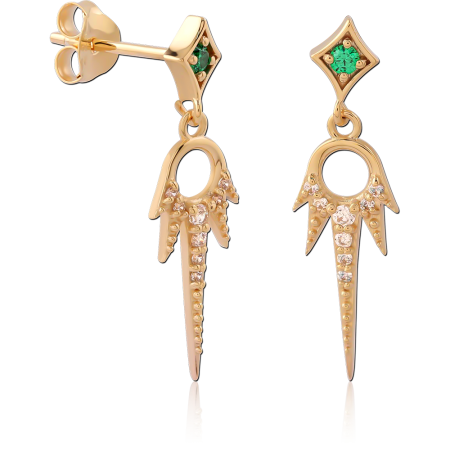 GOLD PLATED 18K STERLING SILVER 925 STUD EARRINGS SPIKE DANGLE GREEN GEM TOP