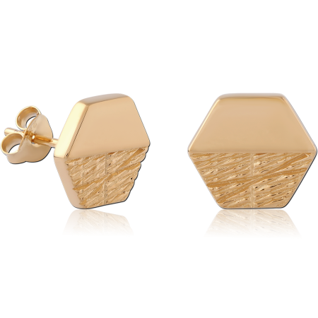 GOLD PLATED 18K STERLING SILVER 925 STUD EARRINGS HEXAGON HALF TEXTURED