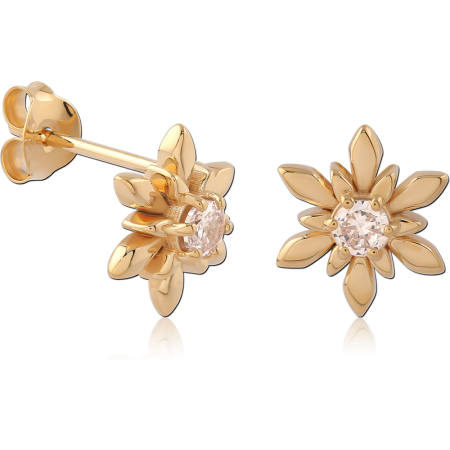 GOLD PLATED 18K STERLING SILVER 925 STUD EARRINGS FLOWER PETAL CENTER GEM