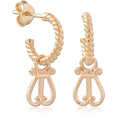 GOLD PLATED 18K STERLING SILVER 925 STUD EARRINGS ROPE HOOP WITH HARP CHARM