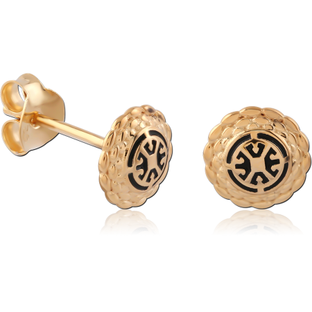 GOLD PLATED 18K STERLING SILVER 925 STUD EARRINGS ROUND MEDALLION WITH BLACK DETAILING