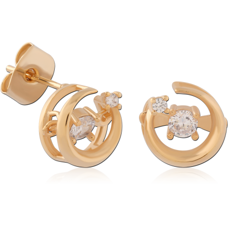 GOLD PLATED 18K STERLING SILVER 925 STUD EARRINGS DOUBLE HOOP WITH CLEAR GEMS