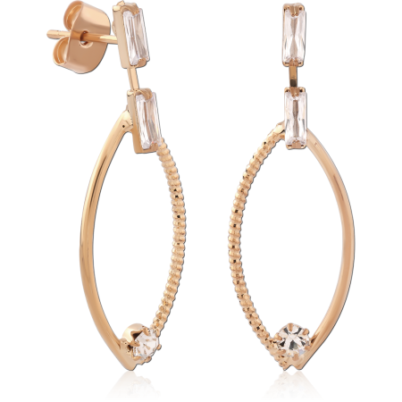 GOLD PLATED 18K STERLING SILVER 925 STUD EARRINGS MARQUISE DROP WITH BAGUETTE AND ROUND GEMS