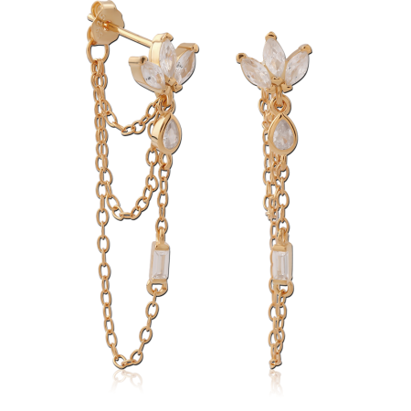 GOLD PLATED 18K STERLING SILVER 925 STUD EARRINGS FLORAL CLUSTER WITH DRAPED CHAINS BAGUETTE GEMS