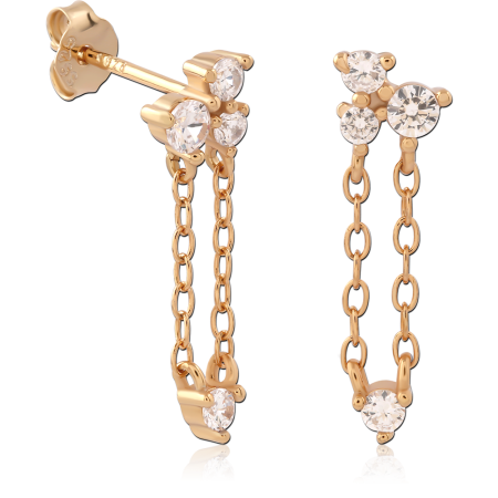 GOLD PLATED 18K STERLING SILVER 925 STUD EARRINGS TRIPLE CLEAR GEMS WITH CHAIN DROPS
