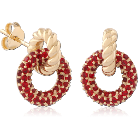 GOLD PLATED 18K STERLING SILVER 925 STUD EARRINGS TWISTED KNOT RED PAVE OPEN CIRCLE