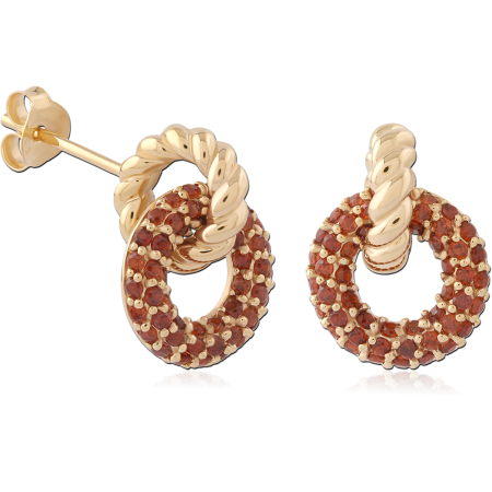 GOLD PLATED 18K STERLING SILVER 925 STUD EARRINGS TWISTED KNOT WITH NATURAL GARNET STONE PAVE OPEN CIRCLE