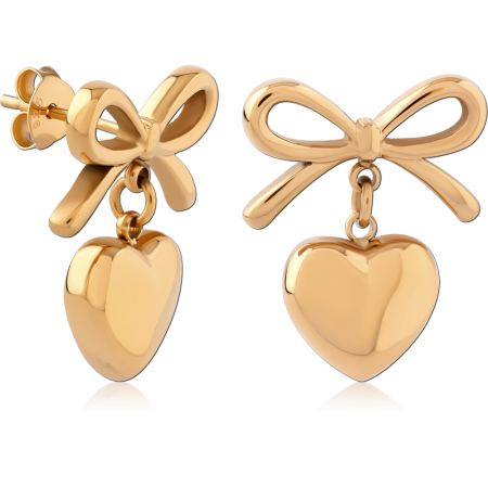GOLD PLATED 18K STERLING SILVER 925 STUD EARRINGS BOW WITH HEART DANGLE