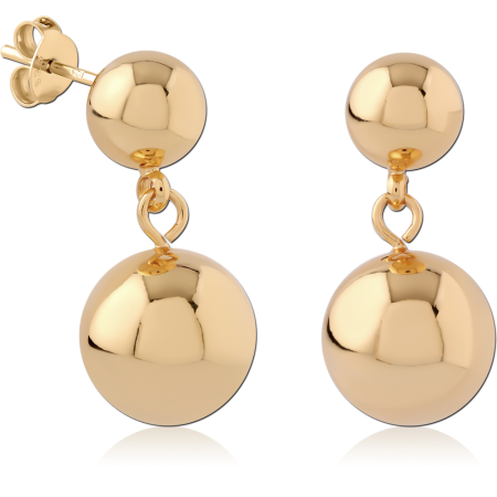 GOLD PLATED 18K STERLING SILVER 925 STUD EARRINGS DOUBLE BALL WITH DANGLE