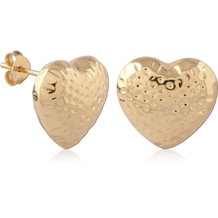 GOLD PLATED 18K STERLING SILVER 925 STUD EARRINGS HAMMERED HEART DOMED