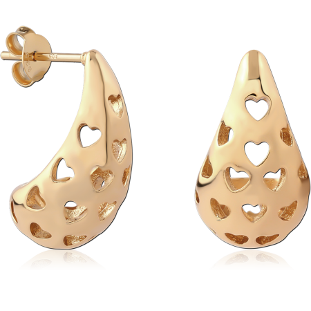 GOLD PLATED 18K STERLING SILVER 925 STUD EARRINGS TEARDROP WITH HEART CUTOUTS