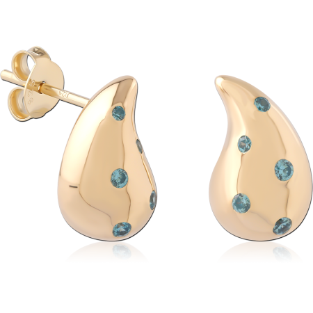 GOLD PLATED 18K STERLING SILVER 925 STUD EARRINGS TEARDROP WITH BLUE GEMS