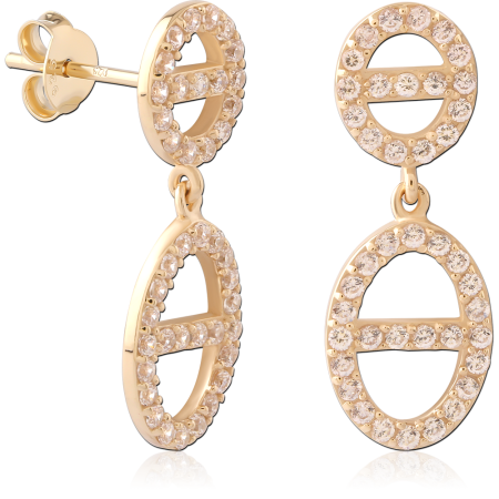 GOLD PLATED 18K STERLING SILVER 925 DROP STUD EARRINGS DOUBLE CIRCLE AND OVAL CLEAR GEMS