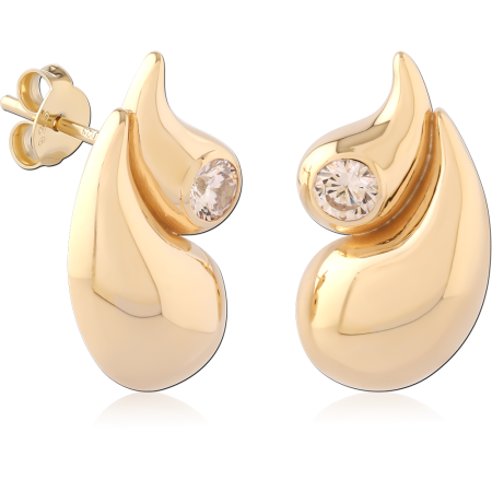 GOLD PLATED 18K STERLING SILVER 925 STUD EARRINGS TEARDROP SWIRL SINGLE CLEAR GEM