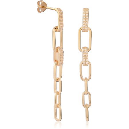 GOLD PLATED 18K STERLING SILVER 925 STUD EARRINGS CHAIN LINK DANGLE PAVE