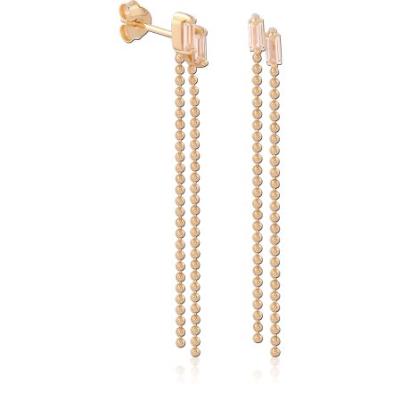 GOLD PLATED 18K STERLING SILVER 925 STUD EARRINGS BAGUETTE GEM BEADED CHAIN DANGLE