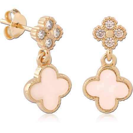 GOLD PLATED 18K STERLING SILVER 925 STUD EARRINGS QUATREFOIL DANGLE PINK INLAY PAVE