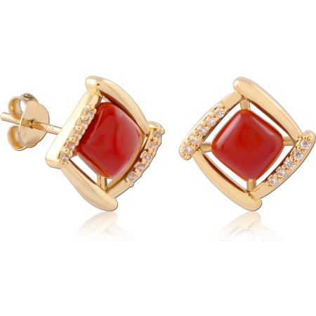 GOLD PLATED 18K STERLING SILVER 925 STUD EARRINGS SQUARE FRAME RED CABOCHON PAVE