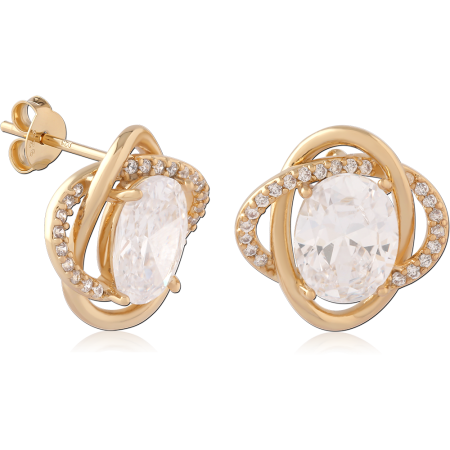 GOLD PLATED 18K STERLING SILVER 925 STUD EARRINGS OVAL GEM HALO PAVE
