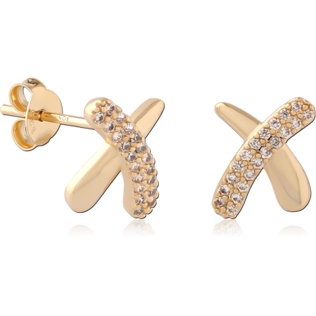 GOLD PLATED 18K STERLING SILVER 925 STUD EARRINGS X CROSSOVER PAVE