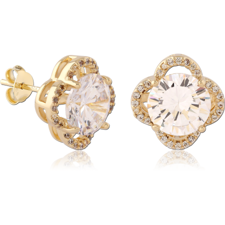 GOLD PLATED 18K STERLING SILVER 925 STUD EARRINGS ROUND GEM FLORAL HALO