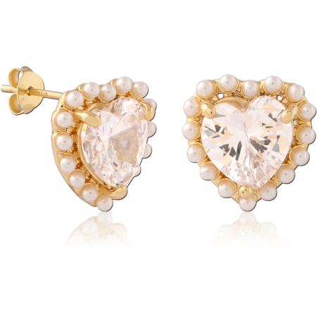 GOLD PLATED 18K STERLING SILVER 925 STUD EARRINGS HEART GEM PEARL HALO