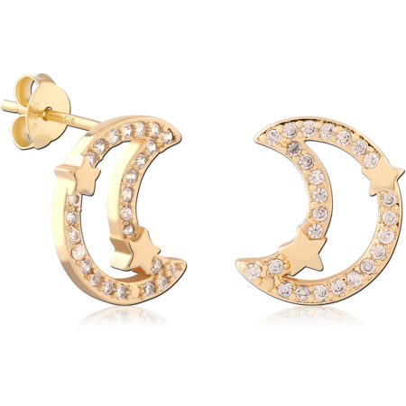 GOLD PLATED 18K STERLING SILVER 925 STUD EARRINGS CRESCENT MOON STAR GEMS
