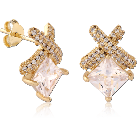 GOLD PLATED 18K STERLING SILVER 925 STUD EARRINGS PRINCESS SQUARE GEM WITH PAVE X