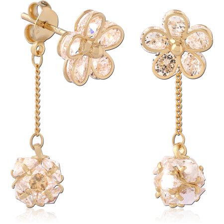 GOLD PLATED 18K STERLING SILVER 925 DANGLE STUD EARRINGS FLOWER WITH GEM BALL