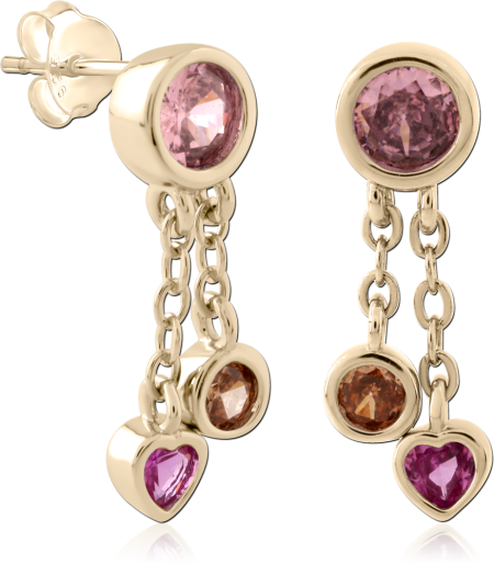 GOLD PLATED 18K STERLING SILVER 925 DANGLE STUD EARRINGS PINK GEMS WITH HEART CHARM