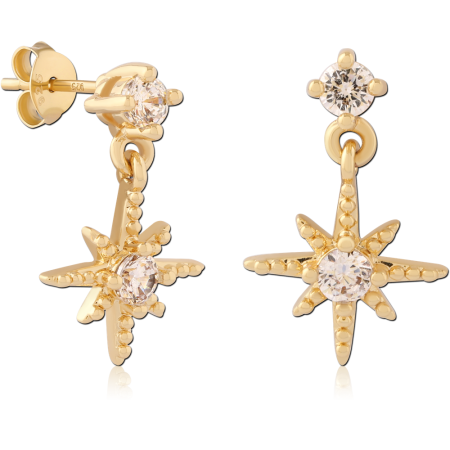 GOLD PLATED 18K STERLING SILVER 925 DANGLE STUD EARRINGS STARBURST GEMS WITH STAR CHARM