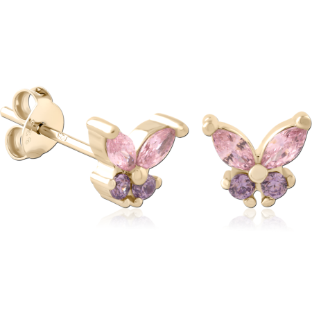 GOLD PLATED 18K STERLING SILVER 925 STUD EARRINGS BUTTERFLY GEMS