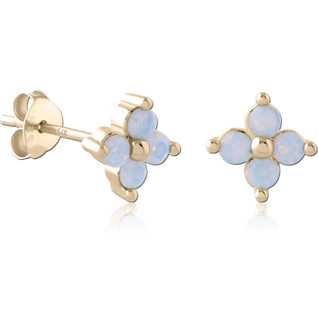 GOLD PLATED 18K STERLING SILVER 925 STUD EARRINGS FOUR PETAL OPALESCENT GEMS