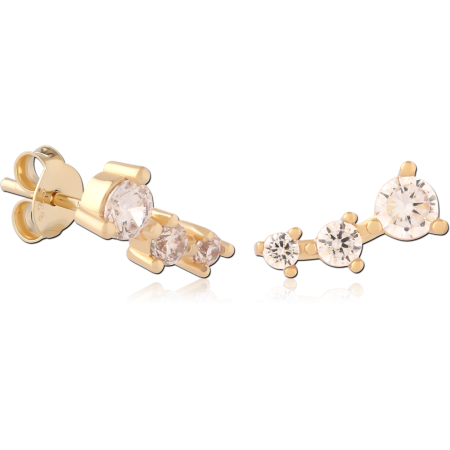 GOLD PLATED 18K STERLING SILVER 925 STUD EARRINGS GRADUATED TRIPLE GEM CLIMBER