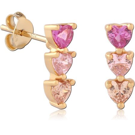 GOLD PLATED 18K STERLING SILVER 925 STUD EARRINGS TRIPLE HEART PINK GEMS