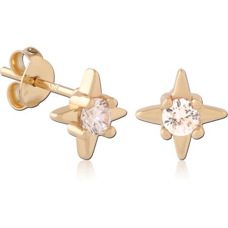 GOLD PLATED 18K STERLING SILVER 925 STUD EARRINGS FOUR POINT STAR GEM