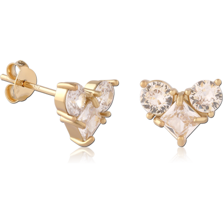 GOLD PLATED 18K STERLING SILVER 925 STUD EARRINGS DOUBLE ROUND AND PRINCESS GEM CLUSTER