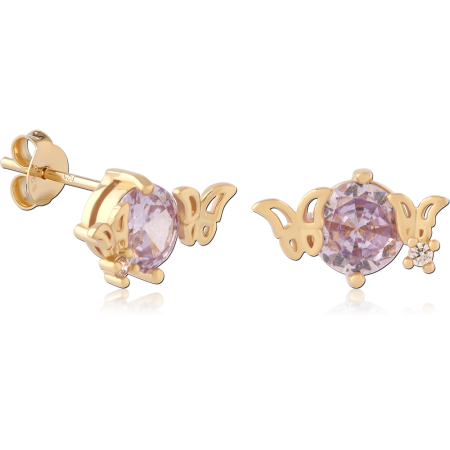 GOLD PLATED 18K STERLING SILVER 925 STUD EARRINGS ROUND GEM WITH BUTTERFLY CHARM