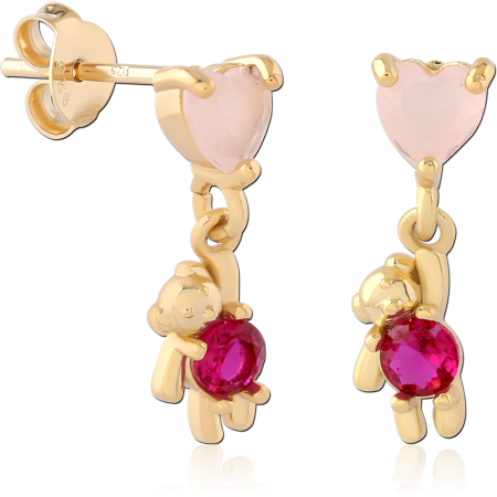GOLD PLATED 18K STERLING SILVER 925 STUD EARRINGS HEART GEM WITH TEDDY BEAR CHARM
