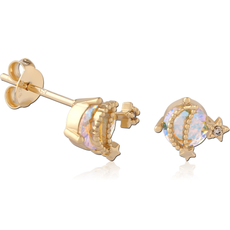 GOLD PLATED 18K STERLING SILVER 925 STUD EARRINGS IRIDESCENT GEM WITH STAR ACCENT HALO