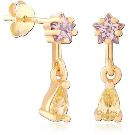 GOLD PLATED 18K STERLING SILVER 925 STUD EARRINGS STAR GEM WITH TEARDROP DANGLE