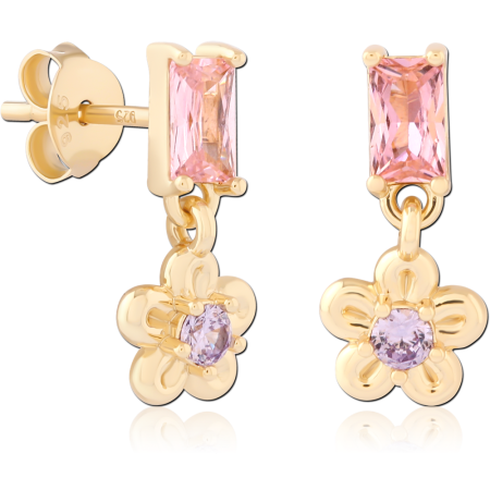 GOLD PLATED 18K STERLING SILVER 925 STUD EARRINGS BAGUETTE GEM WITH FLOWER CHARM