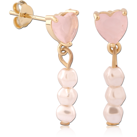 GOLD PLATED 18K STERLING SILVER 925 STUD EARRINGS HEART GEM WITH TRIPLE PEARL DANGLE