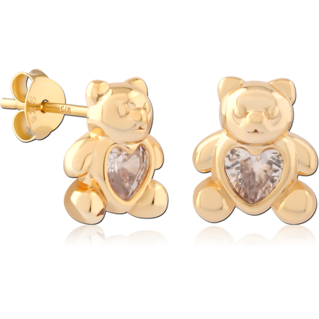 GOLD PLATED 18K STERLING SILVER 925 STUD EARRINGS TEDDY BEAR WITH HEART GEM