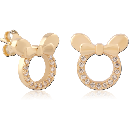 GOLD PLATED 18K STERLING SILVER 925 STUD EARRINGS BOW OPEN CIRCLE WITH PAVE GEMS